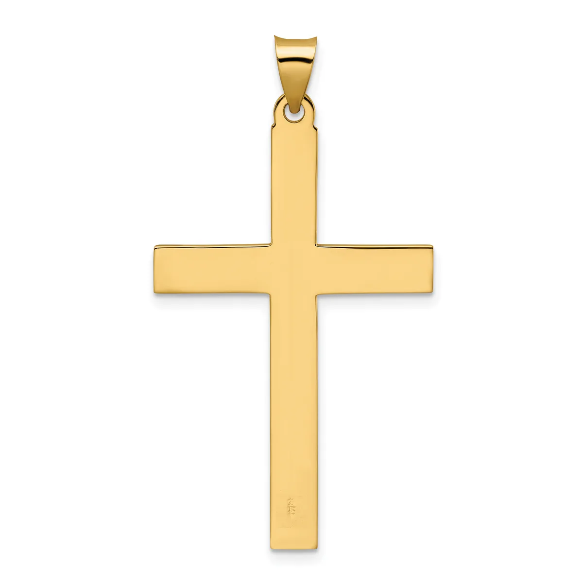 A polished gold cross pendant with a rounded bail at the top, displayed against a white background.