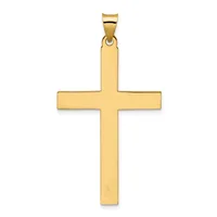 A polished gold cross pendant with a rounded bail at the top, displayed against a white background.