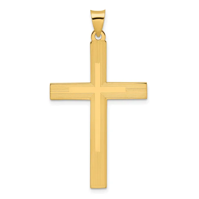 A gold cross pendant with a textured finish and vertical striations, shown hanging from a bail against a white background.