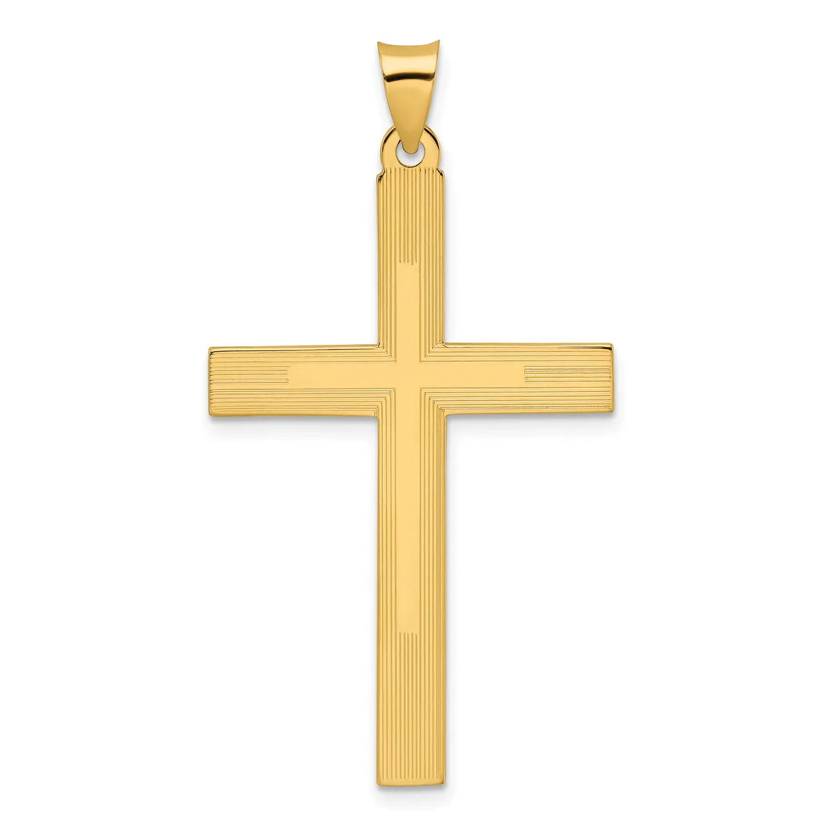 A gold cross pendant with a textured finish and vertical striations, shown hanging from a bail against a white background.