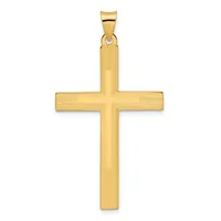 A gold cross pendant with a textured finish and vertical striations, shown hanging from a bail against a white background.