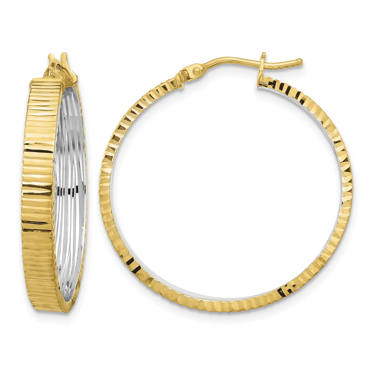 A pair of gold hoop earrings with a ridged texture on the outer surface and smooth inner surface, shown from front and side views.