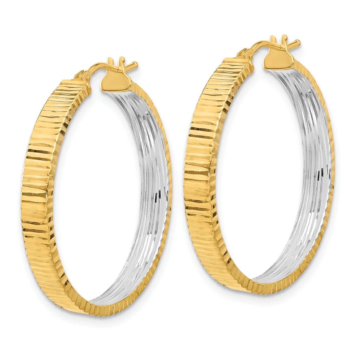 A pair of two-tone hoop earrings with textured gold outer surfaces and polished silver inner surfaces, shown from the front with post and clutch closures.