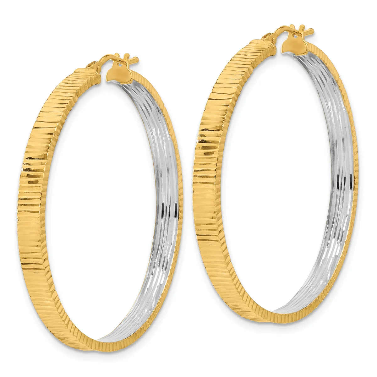 A pair of gold and silver two-tone hoop earrings with textured surfaces and hinged closures, displayed side by side.