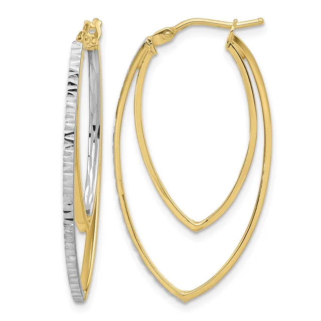 A pair of two-tone gold hoop earrings with textured and polished oval shapes, shown from the front and side view.