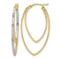 A pair of two-tone gold hoop earrings with textured and polished oval shapes, shown from the front and side view.