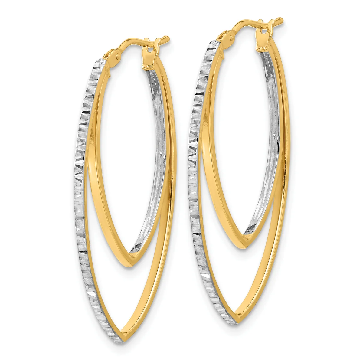 Pair of two-tone gold hoop earrings with textured silver outer loops and smooth gold inner loops, featuring hinged closures.