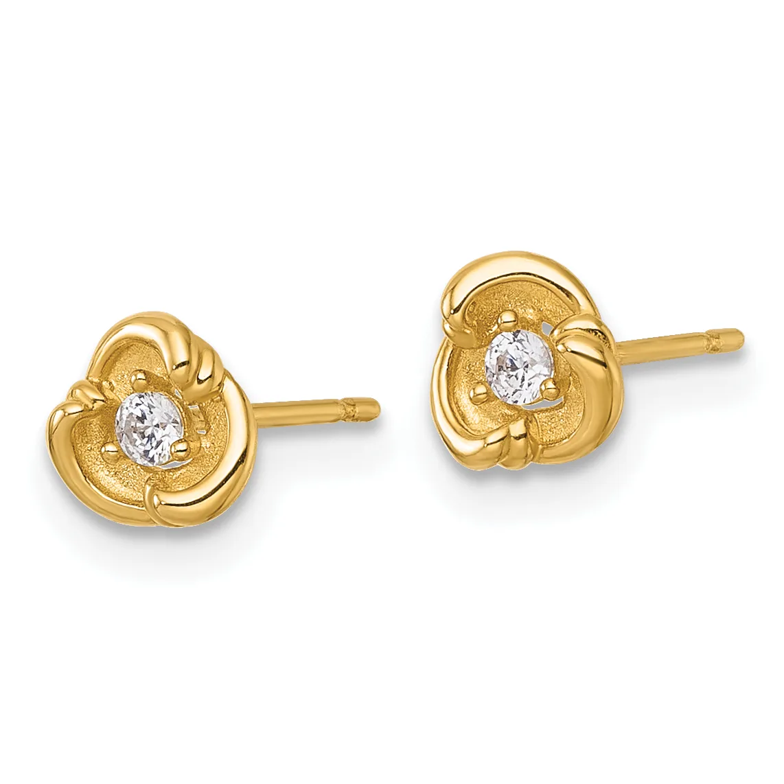A pair of gold stud earrings with ornate floral designs featuring round white gemstones set in the center of each flower-shaped setting.