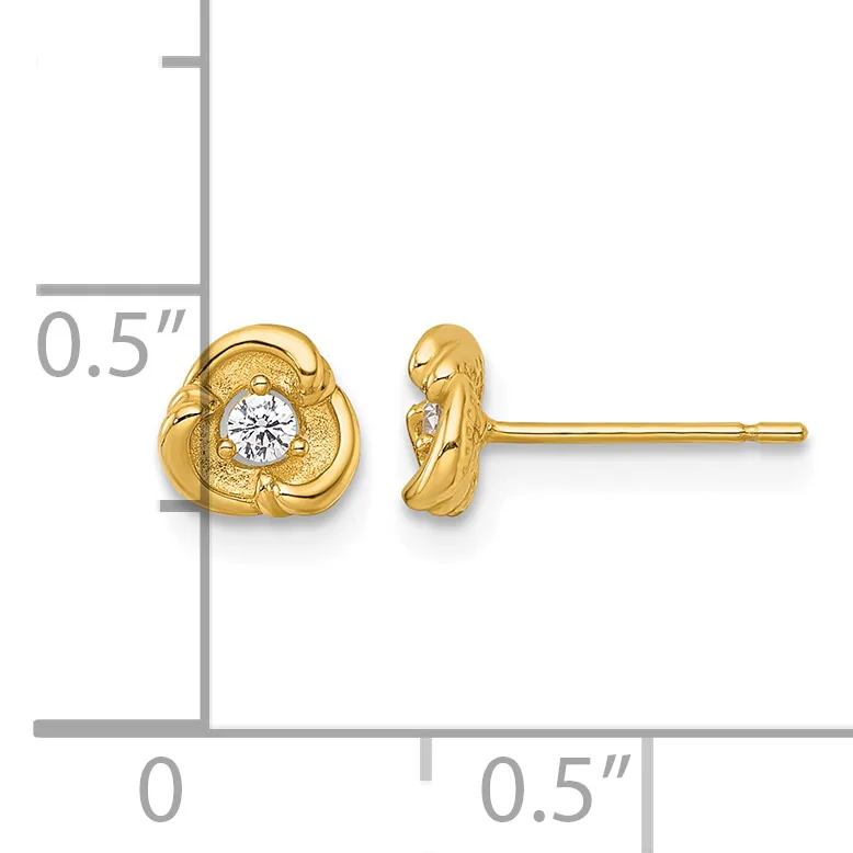 Pair of gold stud earrings with twisted knot design and center diamond, shown next to a ruler measuring approximately 0.5 inches in height.