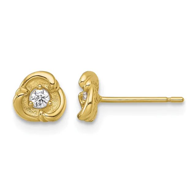A pair of gold stud earrings with a trefoil or clover-shaped design featuring a round diamond center stone, shown from front and side views.