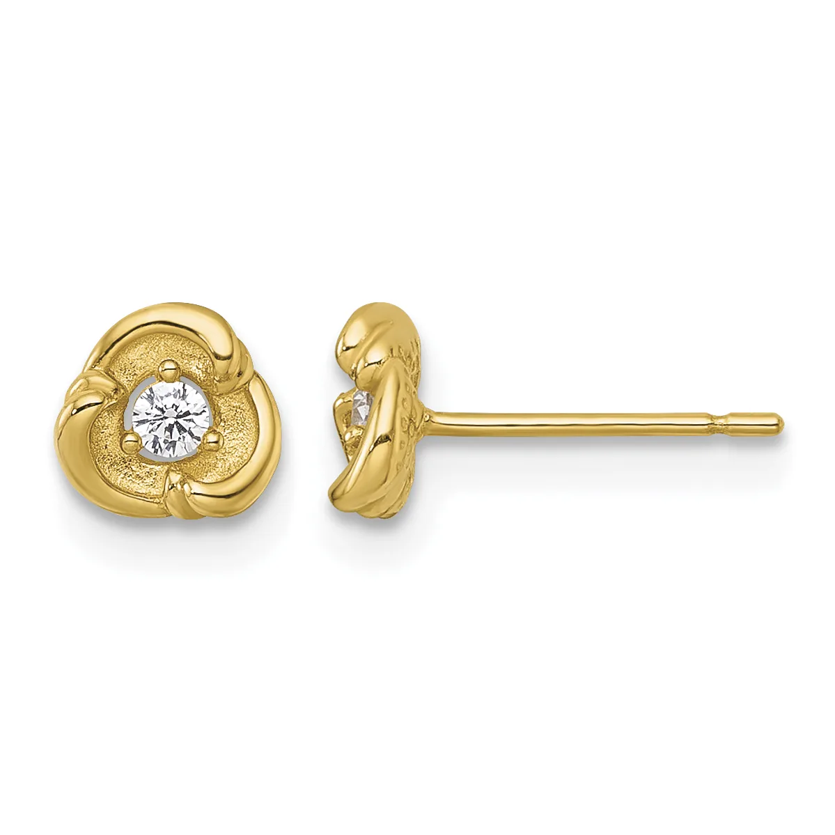 A pair of gold stud earrings with a trefoil or clover-shaped design featuring a round diamond center stone, shown from front and side views.