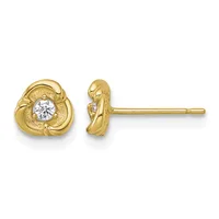 A pair of gold stud earrings with a trefoil or clover-shaped design featuring a round diamond center stone, shown from front and side views.