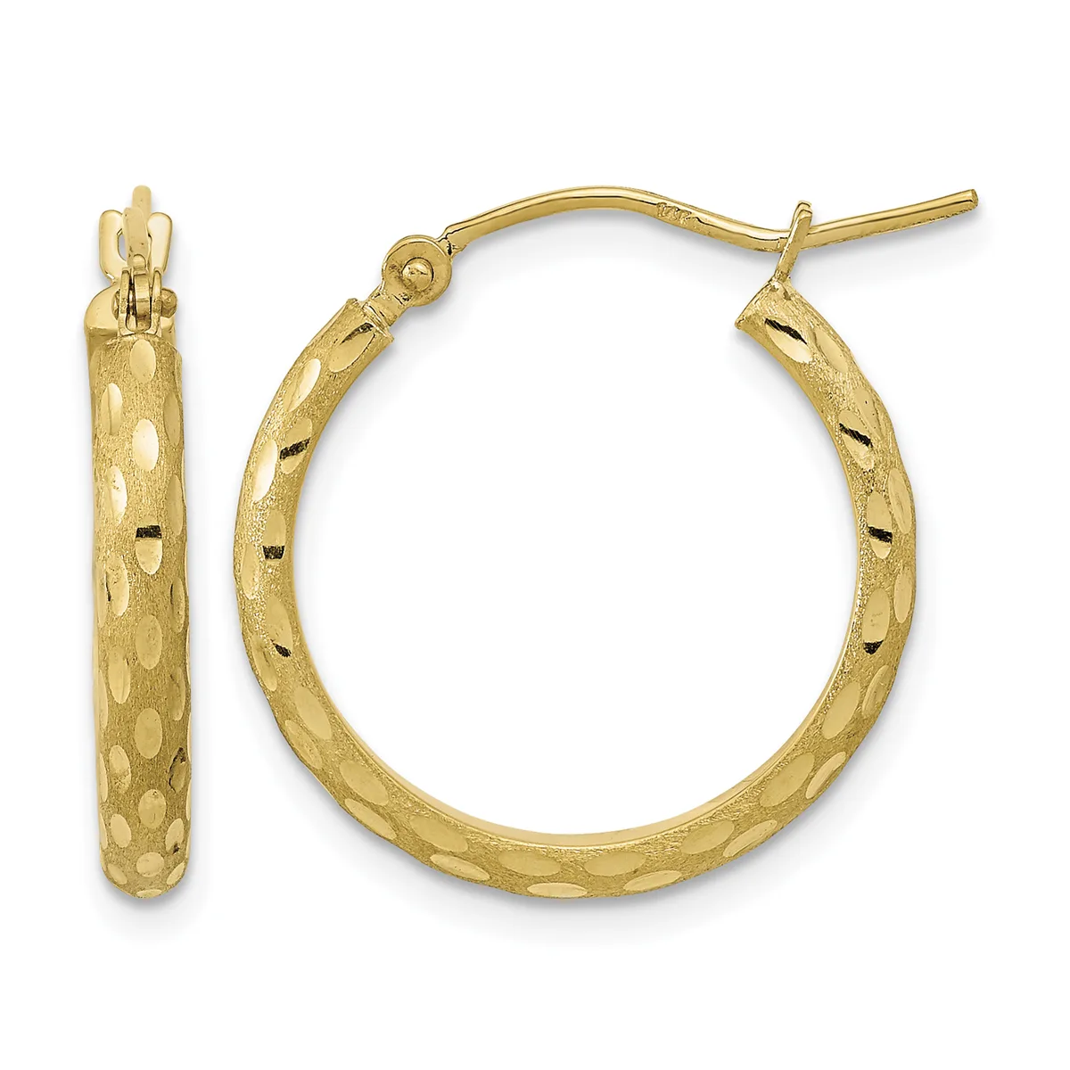 Pair of gold hoop earrings with textured surface and small slits, shown from front and side views with posts and clutch backs.