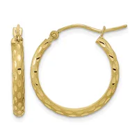 Pair of gold hoop earrings with textured surface and small slits, shown from front and side views with posts and clutch backs.