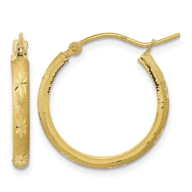 A pair of gold hoop earrings with textured surfaces and diamond-cut pattern details, shown from front and side views.