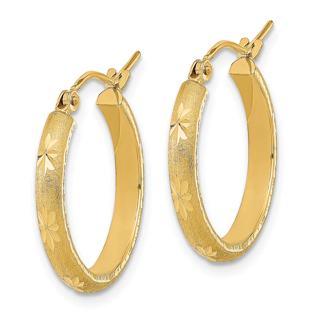 A pair of gold hoop earrings with textured and polished surfaces, shown from the front with posts and backs visible.
