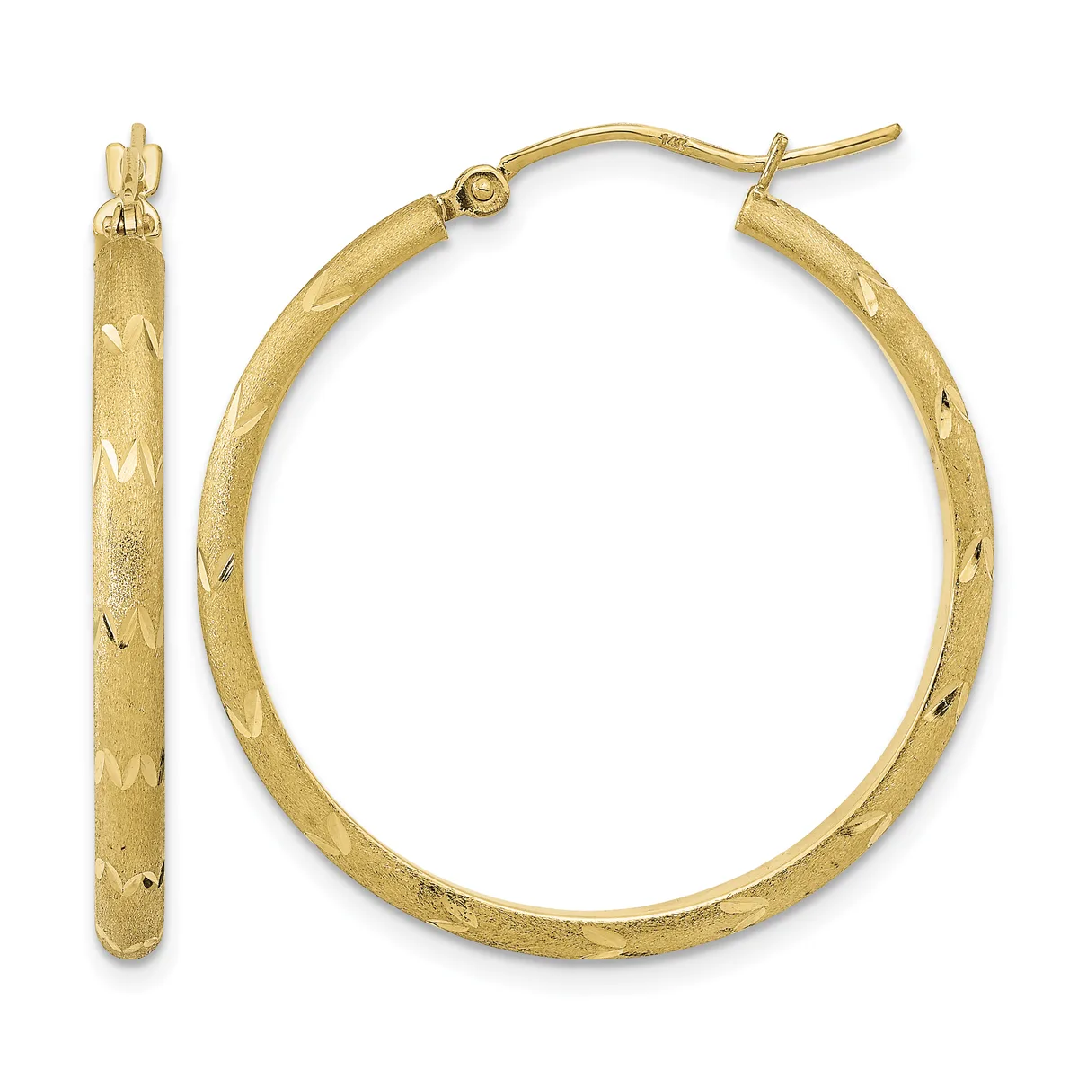 A pair of gold hoop earrings with a textured diamond-cut surface and hinged closures, shown from front and side views.
