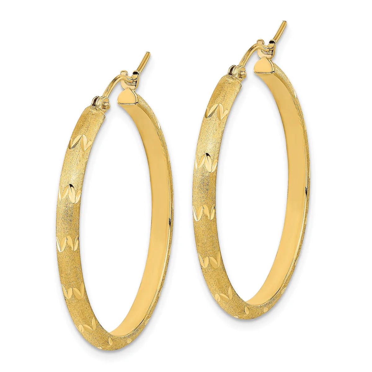 A pair of gold hoop earrings with textured surfaces and polished inner edges, displayed against a white background.