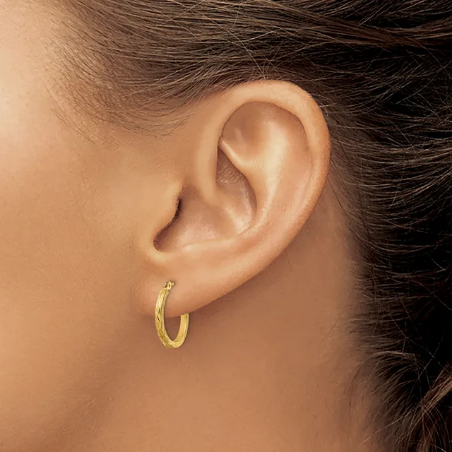 A gold hoop earring worn on the earlobe of a person shown in profile, with dark hair pulled back.