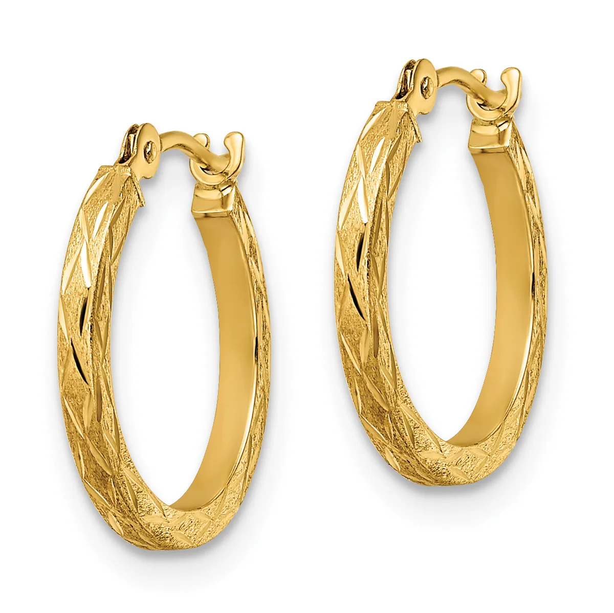 A pair of gold hoop earrings with textured surfaces and polished smooth interiors, displayed side by side against a white background.