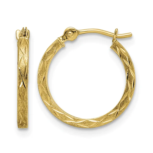 A pair of gold hoop earrings with a textured diamond-cut surface pattern, shown from front and side views.