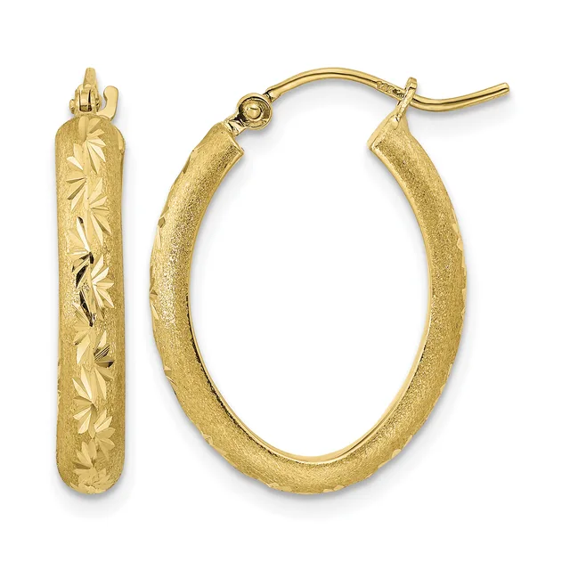 A pair of gold hoop earrings with textured and engraved leaf pattern designs, shown from front and side views.