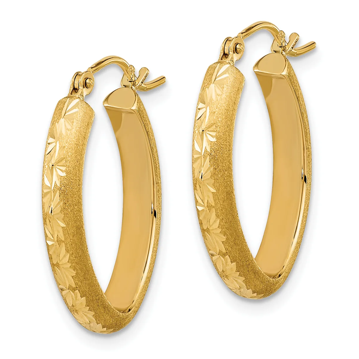 Pair of gold hoop earrings with textured and polished surfaces, featuring hinged closures and leaf-engraved detailing on the outer edges.
