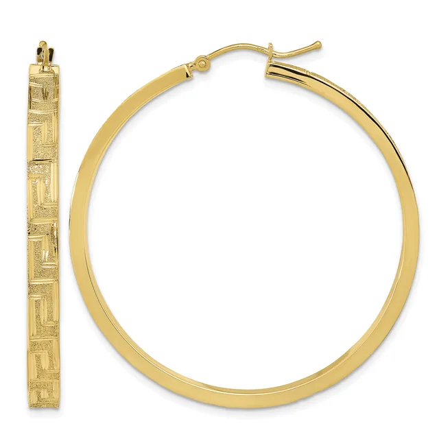 A pair of gold hoop earrings with a textured rectangular pattern along the flat surface, shown from the front and side view.
