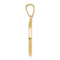 A polished gold-colored metal pendant with a teardrop-shaped loop at the top and a long rectangular bar hanging below it.