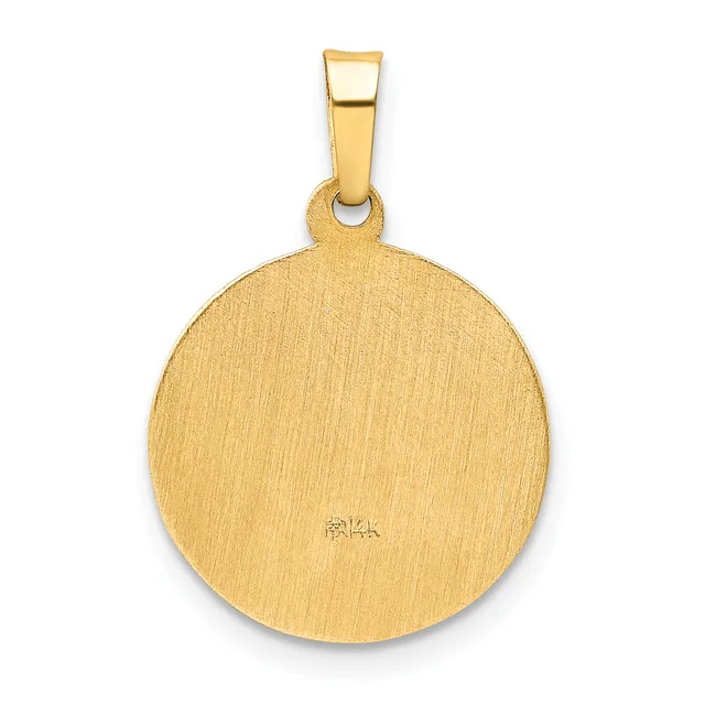 A circular gold pendant with a brushed finish and a small stamped hallmark, suspended from a rectangular gold bail.