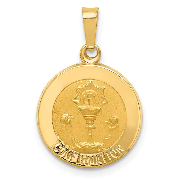 Gold circular pendant with a torch and IHS symbol in the center, surrounded by "CONFIRMATION" text around the outer rim.