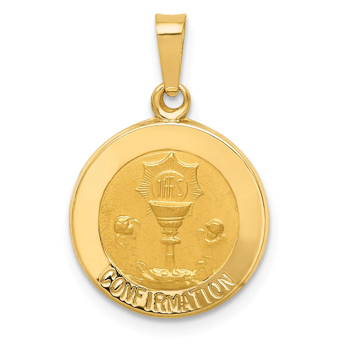Gold circular pendant with a torch and IHS symbol in the center, surrounded by "CONFIRMATION" text around the outer rim.