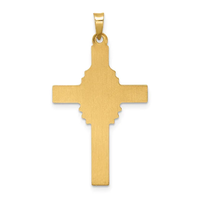 A gold cross pendant with a brushed finish and decorative quatrefoil detail at the center, shown against a white background.