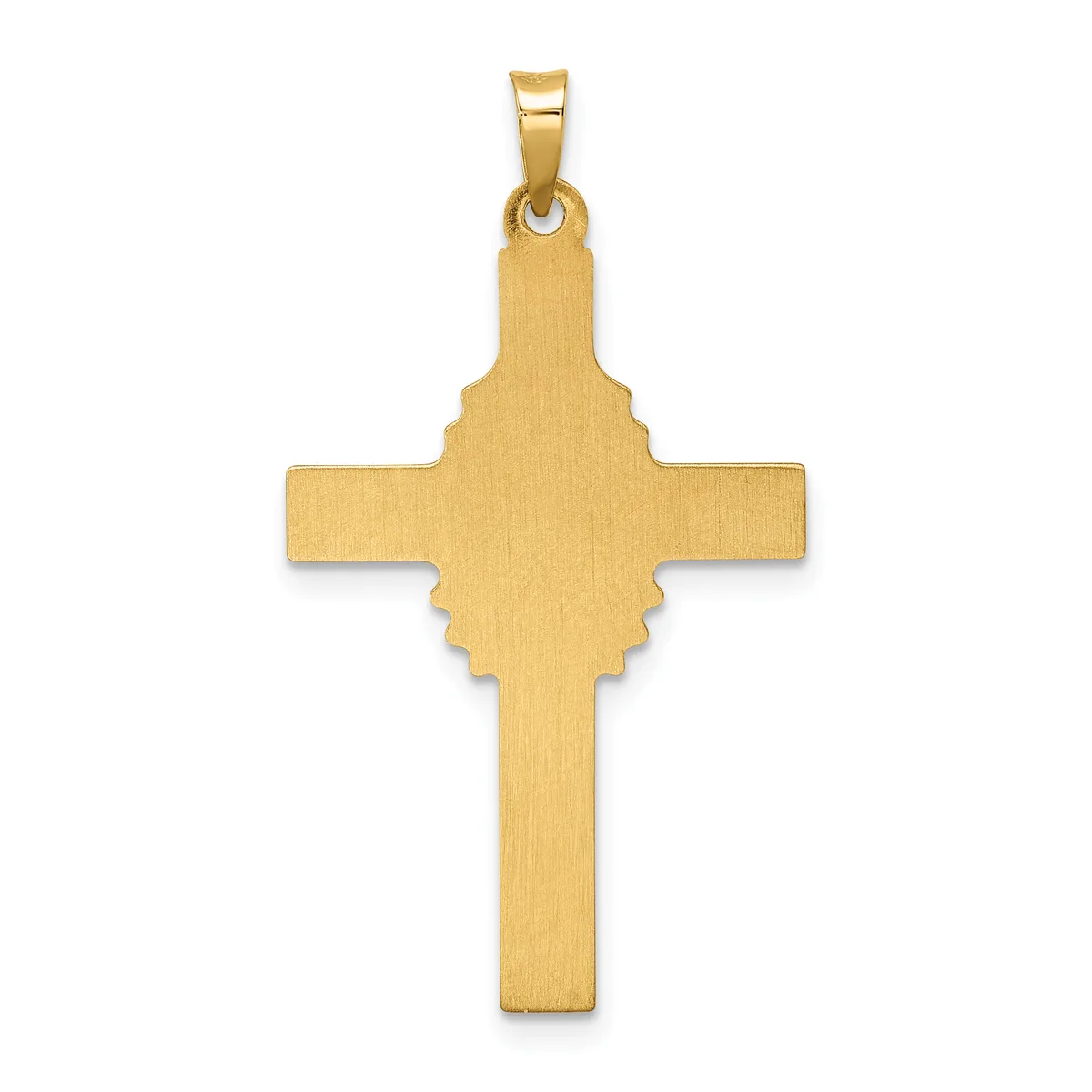 A gold cross pendant with a brushed finish and decorative quatrefoil detail at the center, shown against a white background.