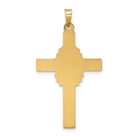 A gold cross pendant with a brushed finish and decorative quatrefoil detail at the center, shown against a white background.