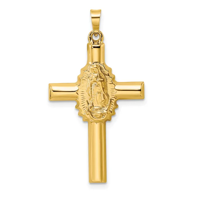 A gold cross pendant featuring a relief image of the Virgin Mary at its center, shown against a white background.