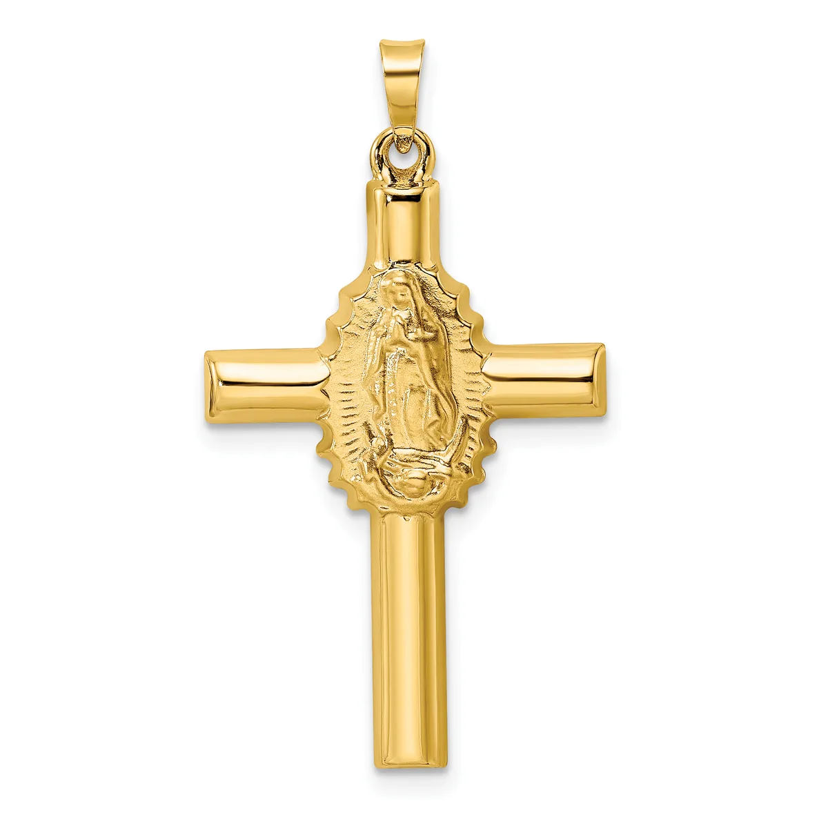 A gold cross pendant featuring a relief image of the Virgin Mary at its center, shown against a white background.
