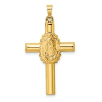 A gold cross pendant featuring a relief image of the Virgin Mary at its center, shown against a white background.