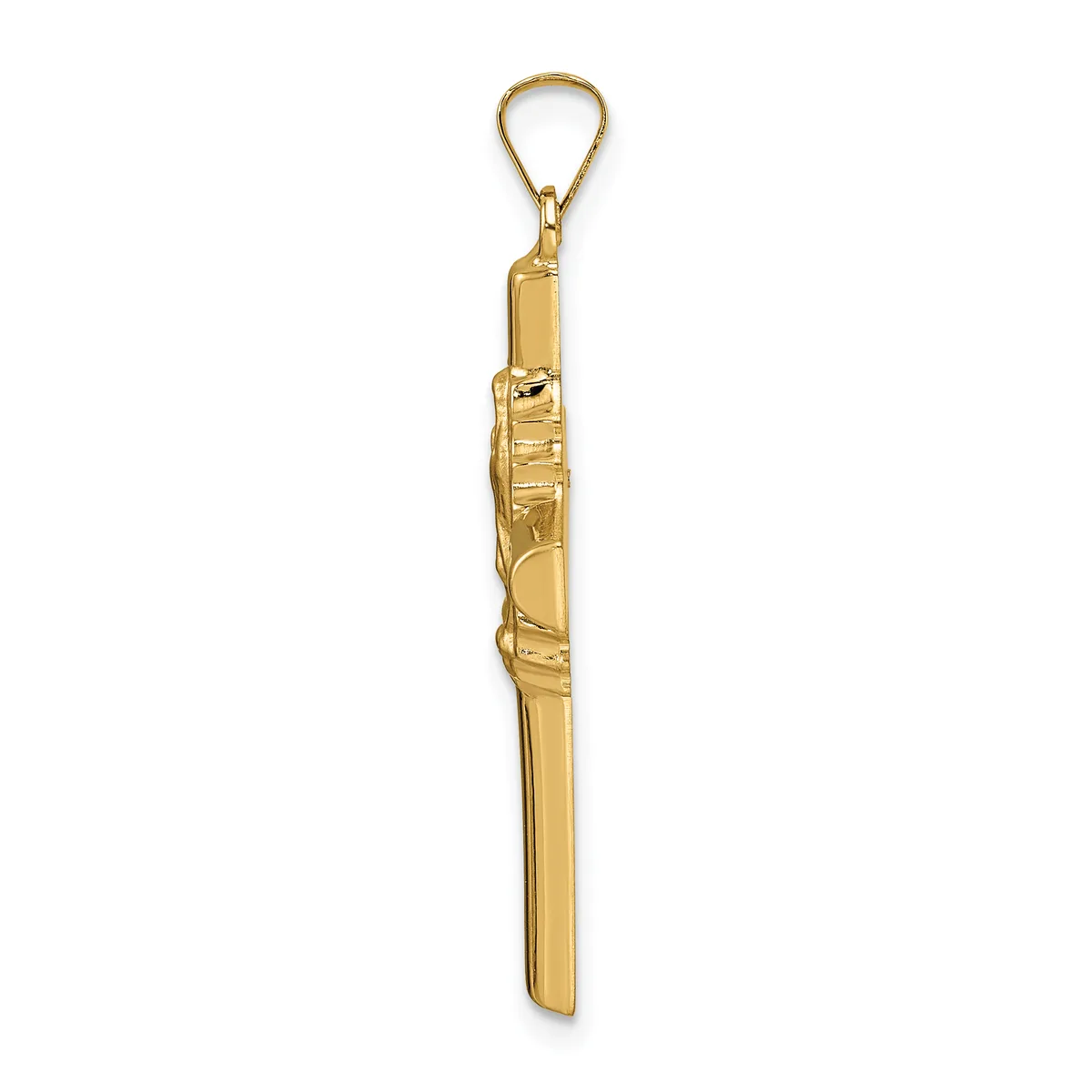 A long, slender gold-toned metal pendant with decorative wrapped detail in the center, suspended from a teardrop-shaped loop at the top.