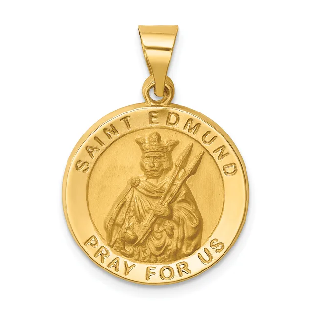 Gold round pendant featuring Saint Edmund holding a palm frond and arrow, with text reading "Saint Edmund" and "Pray For Us" around the rim, suspended from a gold bail.