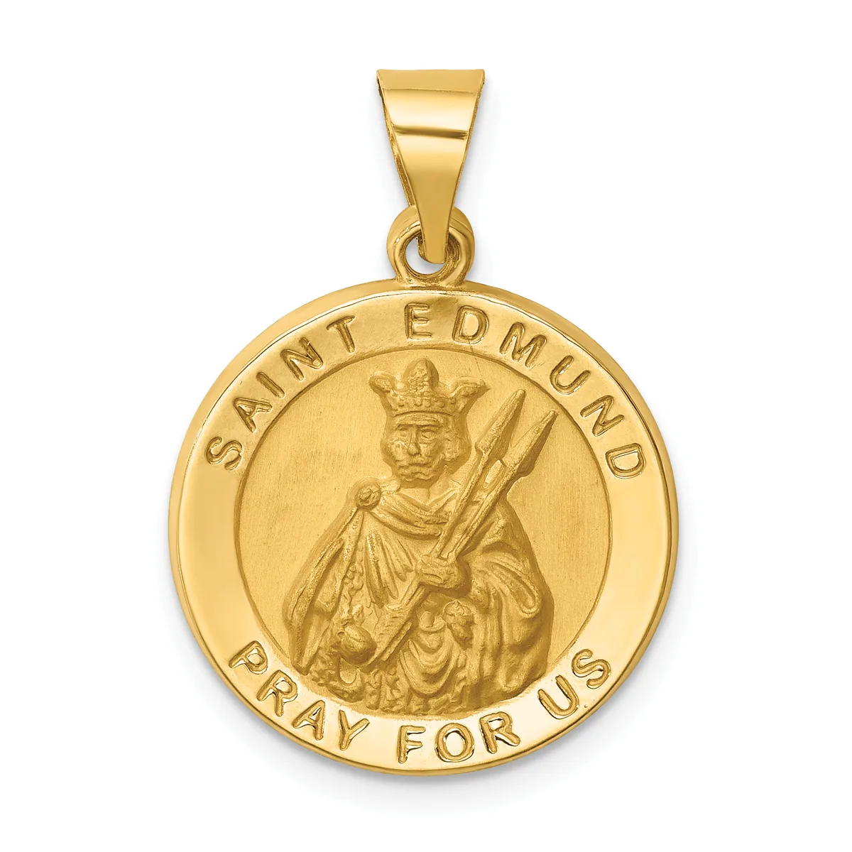 Gold round pendant featuring Saint Edmund holding a palm frond and arrow, with text reading "Saint Edmund" and "Pray For Us" around the rim, suspended from a gold bail.