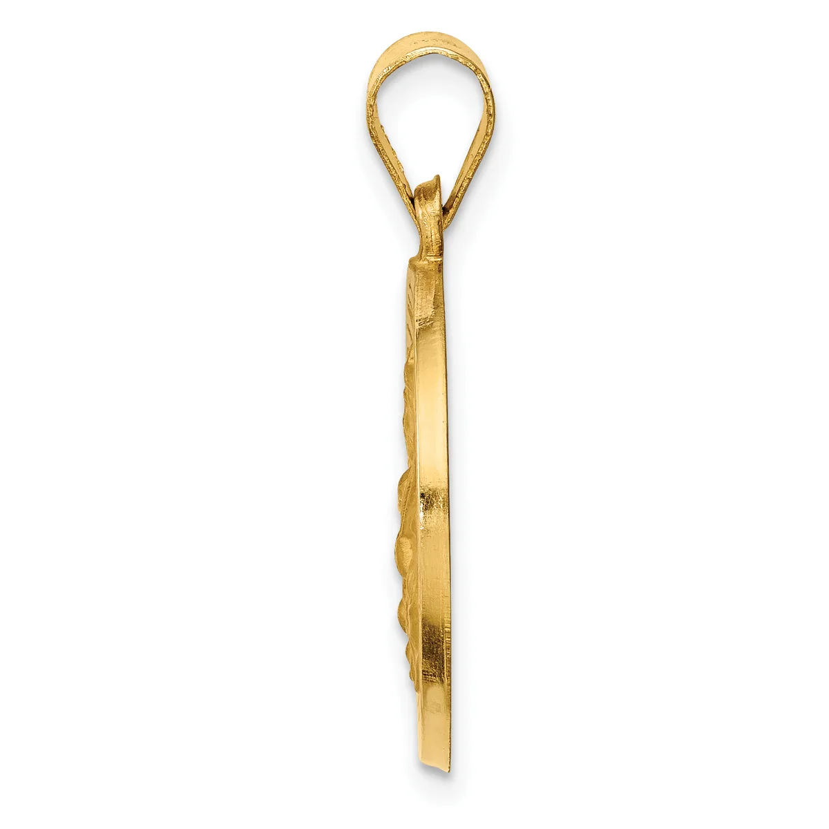 A gold-colored metal pendant with a looped top and a flat, rectangular body that tapers slightly toward the bottom, displayed against a white background.