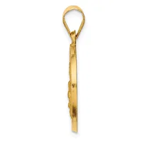 A gold-colored metal pendant with a looped top and a flat, rectangular body that tapers slightly toward the bottom, displayed against a white background.