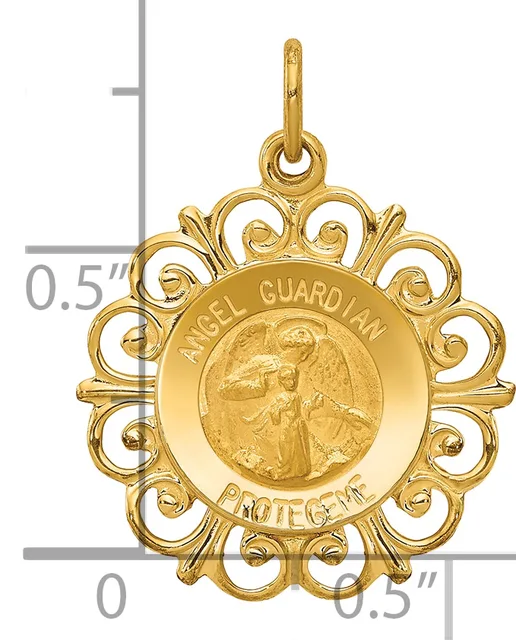Gold filigree pendant charm with ornate scrollwork border surrounding a circular center disc engraved with an angel figure and text, shown with measurement scale.