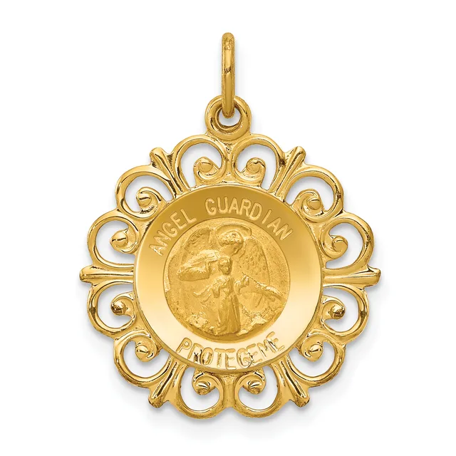 Gold pendant featuring an Angel Guardian medallion with ornate scrollwork border and a small loop attachment at the top.