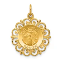Gold pendant featuring an Angel Guardian medallion with ornate scrollwork border and a small loop attachment at the top.