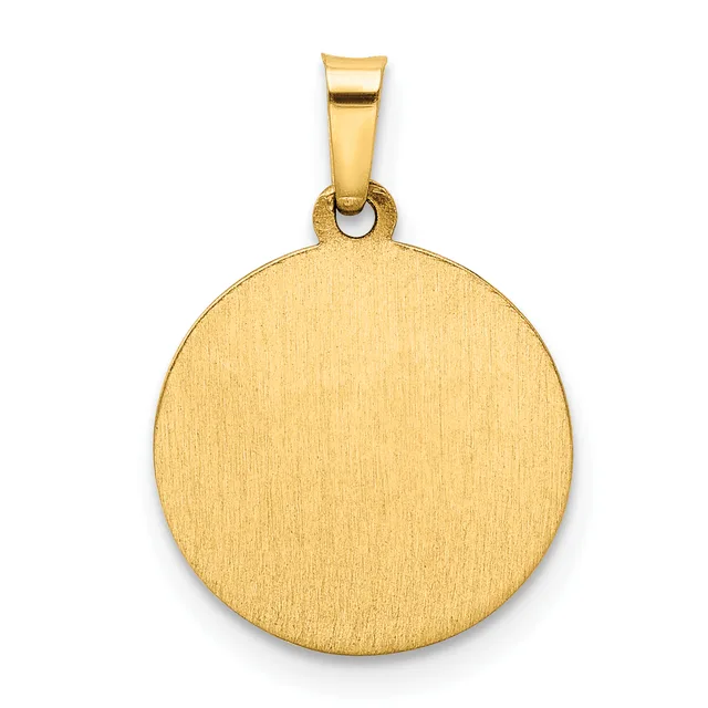 A round gold pendant with a brushed finish and a polished bail loop at the top, displayed against a white background.