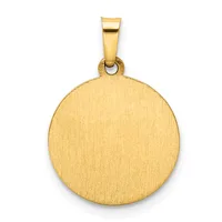 A round gold pendant with a brushed finish and a polished bail loop at the top, displayed against a white background.