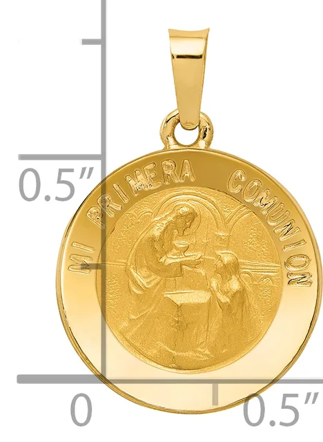 Gold religious pendant featuring a guardian angel with child, suspended from a bail, shown next to a ruler indicating approximately 0.5 inches in width and height.