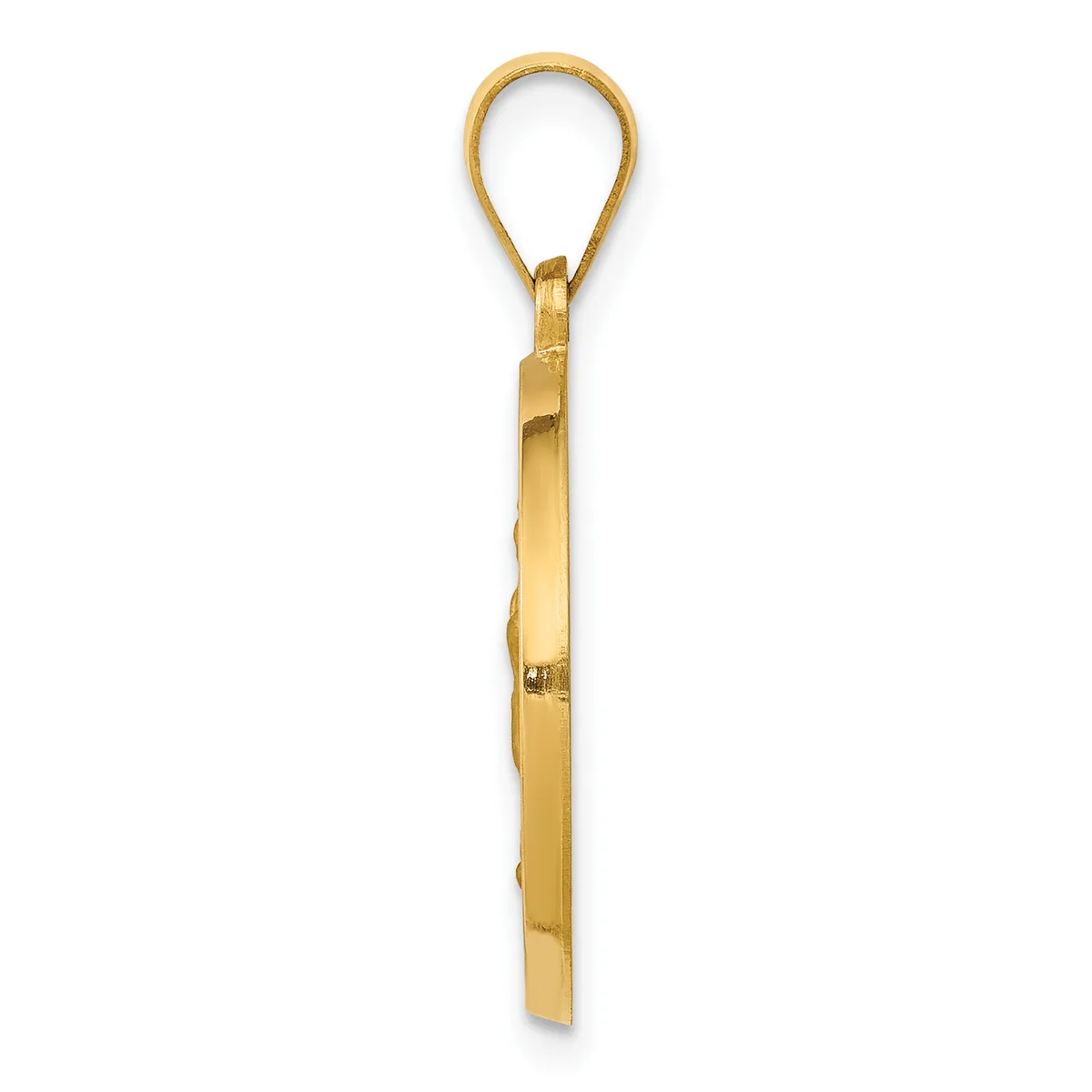 A gold-colored metal pendant with a teardrop-shaped loop at the top and a flat rectangular stem below, shown against a white background.